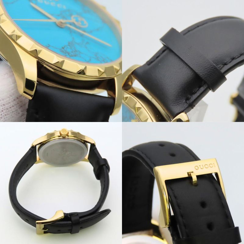 Gucci Watch Stainless Steel Leather Gold Black Dial Turquoise Blue