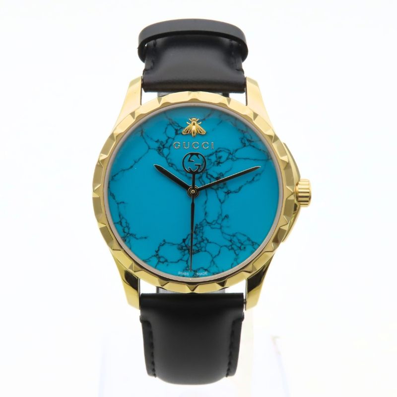 Gucci Watch Stainless Steel Leather Gold Black Dial Turquoise Blue