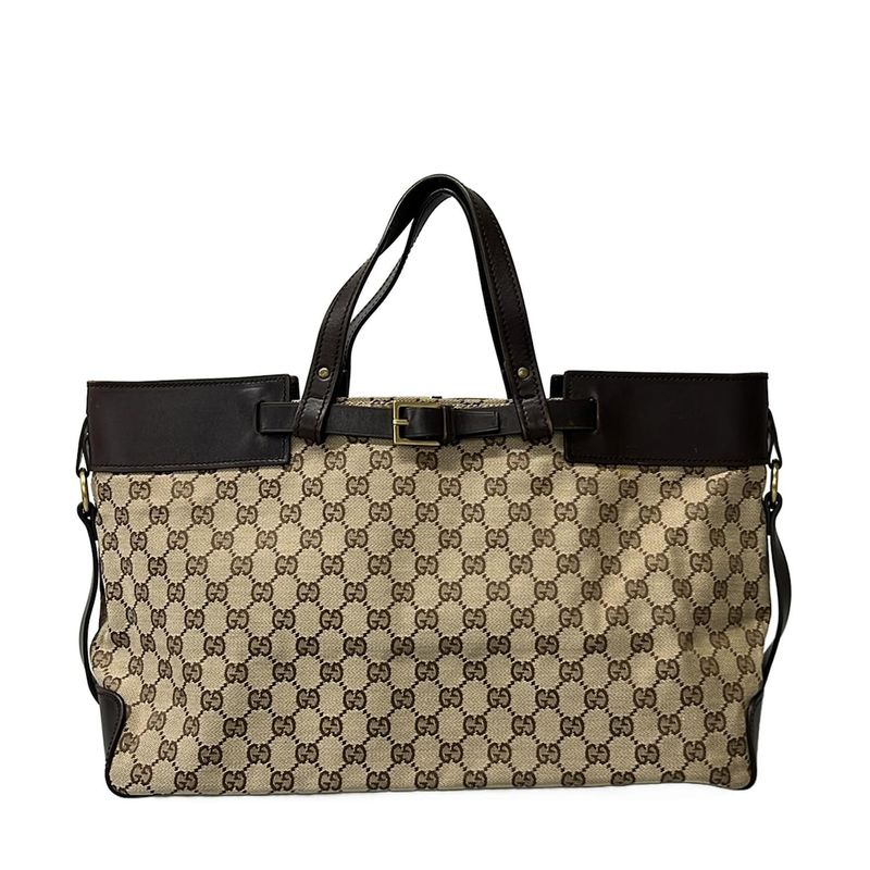 Gucci Tote GG Pattern Dark Brown Beige Leather Dark