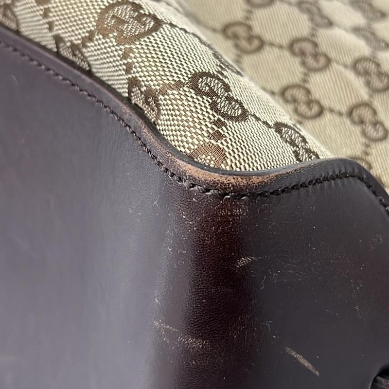 Gucci Tote GG Pattern Dark Brown Beige Leather Dark