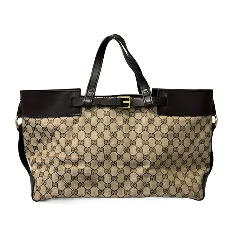 Gucci Tote GG Pattern Dark Brown Beige Leather Dark