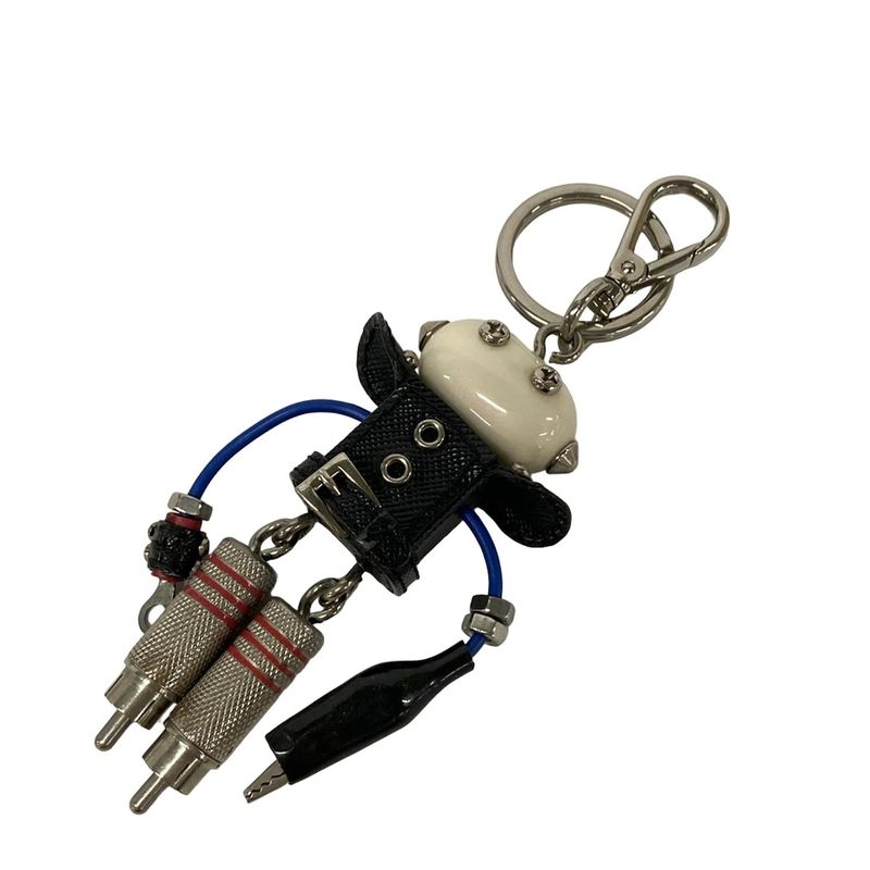 Prada Key Holder Black White Multi Robot Leather X Multi