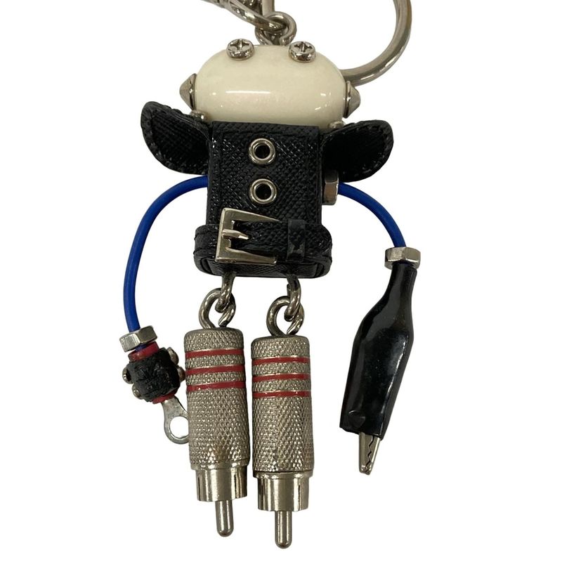 Prada Key Holder Black White Multi Robot Leather X Multi