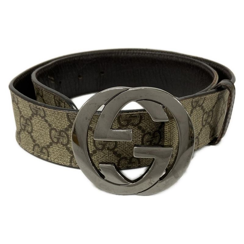 Gucci Belt 80 32 Beige Dark Brown Interlocking GG Pattern Leather X Dark