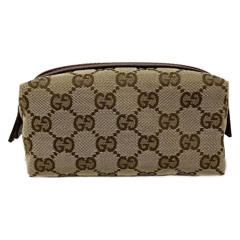 Gucci Pouch GG Pattern Beige Dark Brown Gold Leather X Dark X Bold