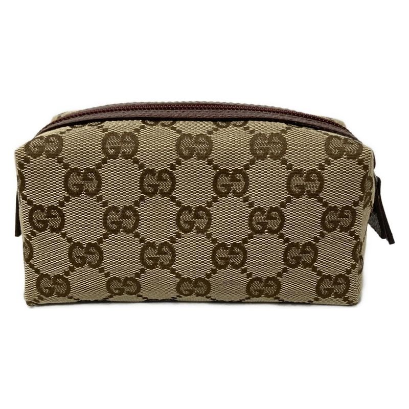 Gucci Pouch GG Pattern Beige Dark Brown Gold Leather X Dark X Bold