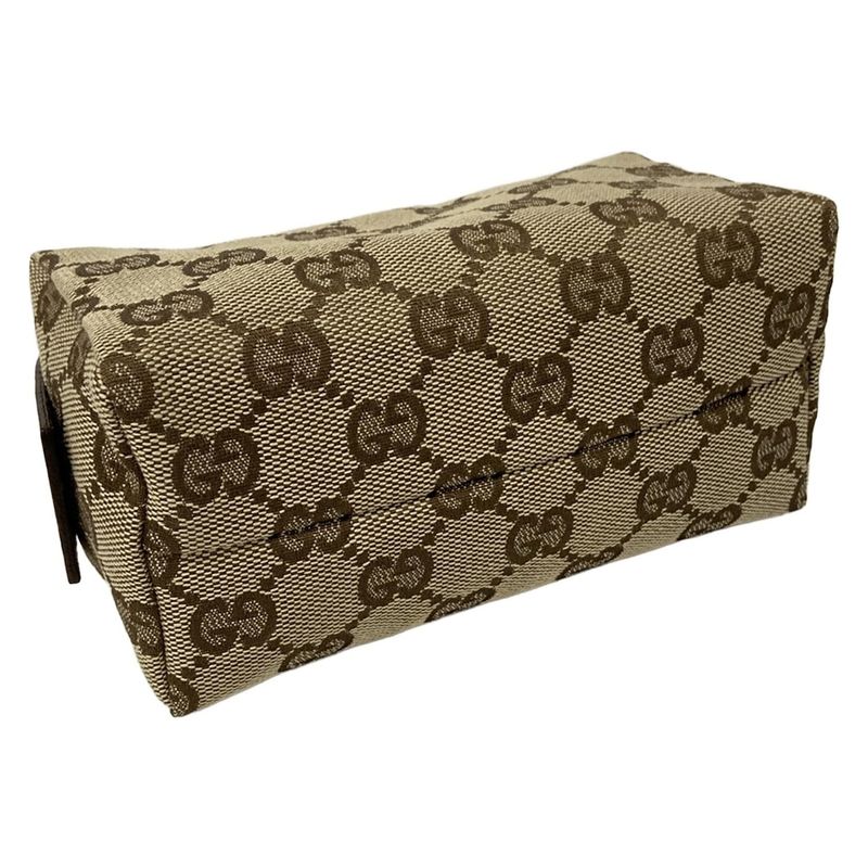 Gucci Pouch GG Pattern Beige Dark Brown Gold Leather X Dark X Bold