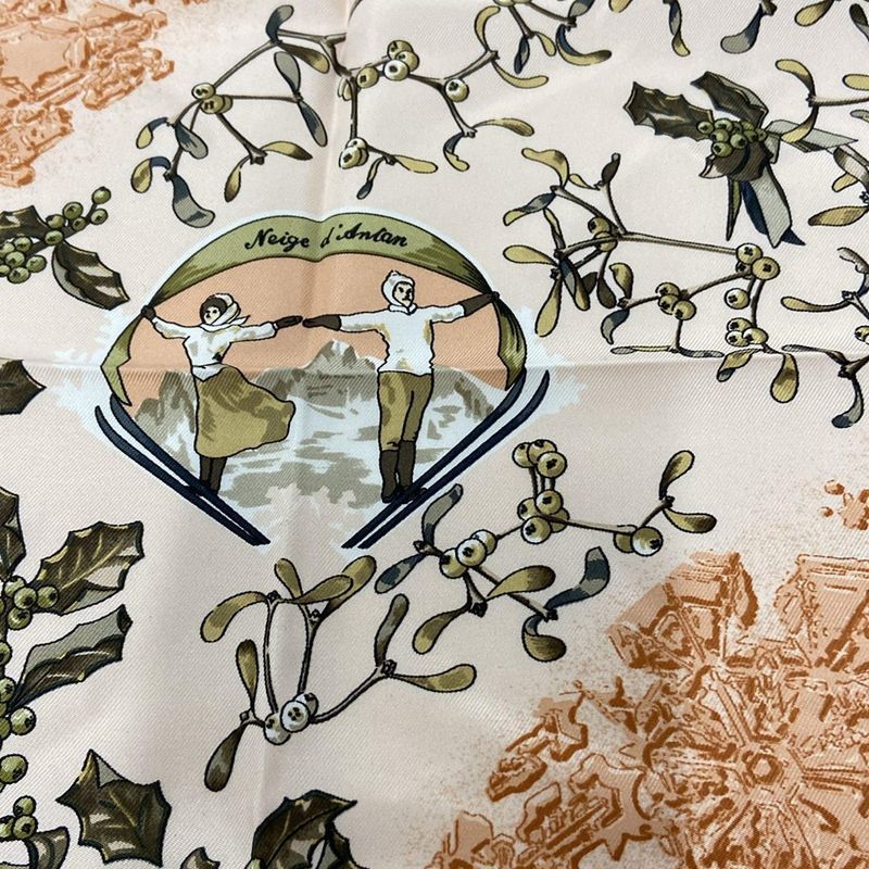 Hermes Scarf Petit Carre Pink Beige Dark Brown Multi Neige D'antan