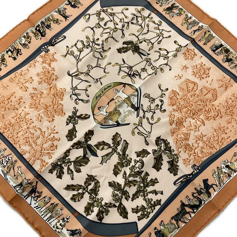Hermes Scarf Petit Carre Pink Beige Dark Brown Multi Neige D'antan