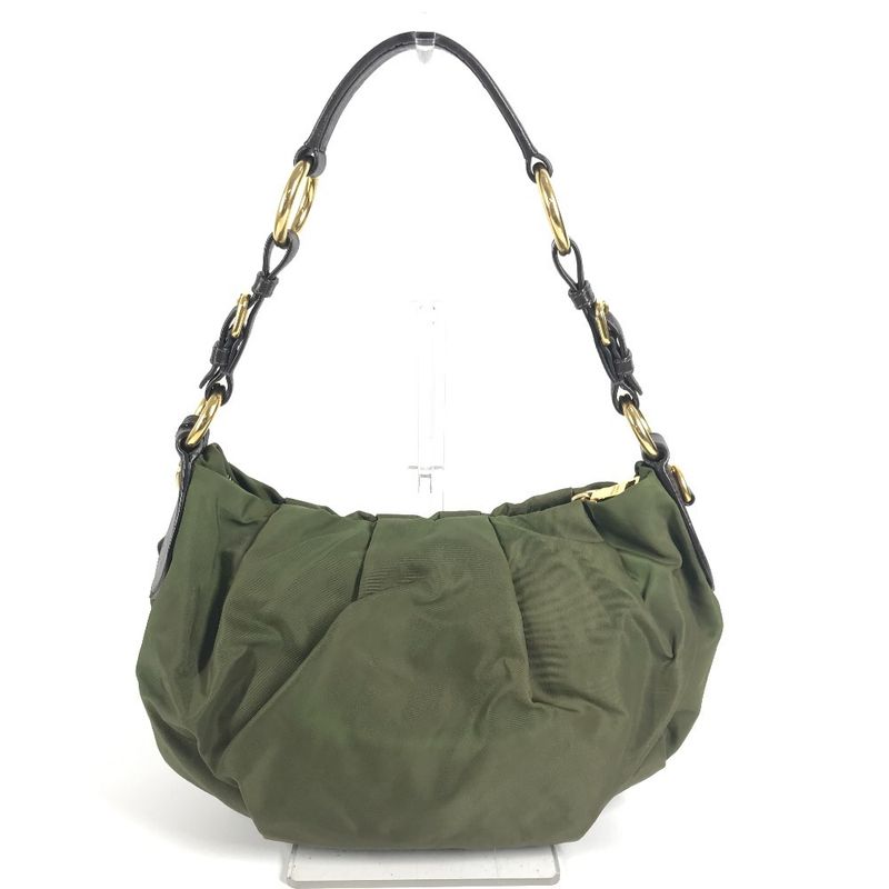 Prada Shoulder Bag Triangle Logo Leather Nylon Khaki Brown
