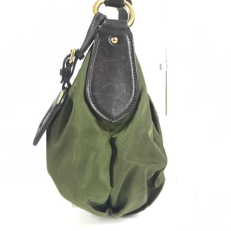 Prada Shoulder Bag Triangle Logo Leather Nylon Khaki Brown