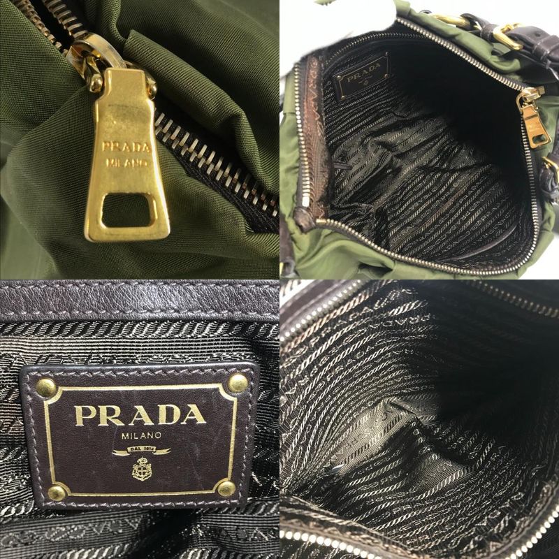 Prada Shoulder Bag Triangle Logo Leather Nylon Khaki Brown