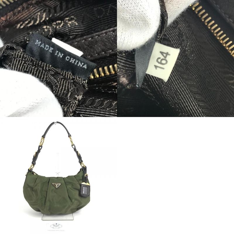 Prada Shoulder Bag Triangle Logo Leather Nylon Khaki Brown