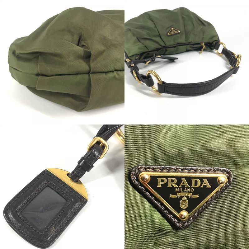 Prada Shoulder Bag Triangle Logo Leather Nylon Khaki Brown