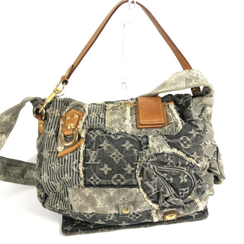 Louis Vuitton Shoulder Bag Patchwork Postie Monogram Denim Canvas Black Gray