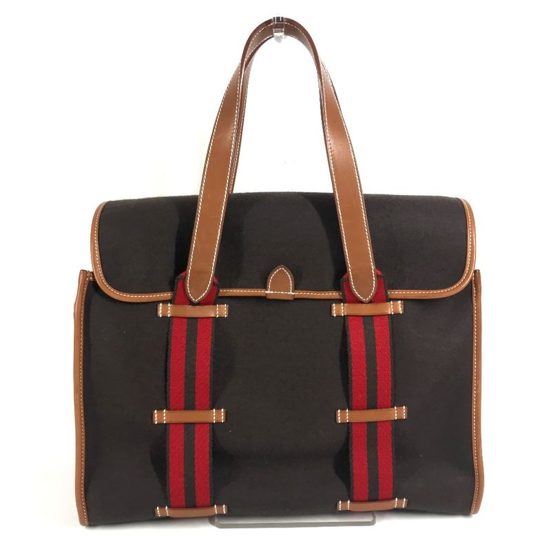 Hermes Handbag Kameil Stripe Logo Leather Suede Brown Red