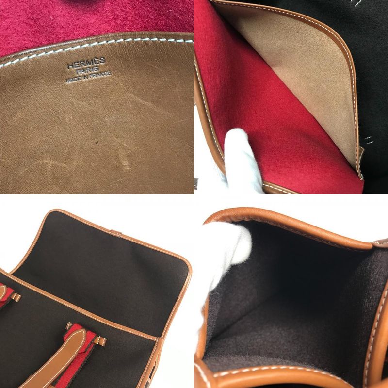 Hermes Handbag Kameil Stripe Logo Leather Suede Brown Red