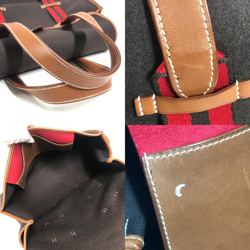 Hermes Handbag Kameil Stripe Logo Leather Suede Brown Red