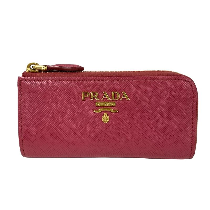 Prada Coin Case Pink Key Ring Removable L-shaped Zipper Leather