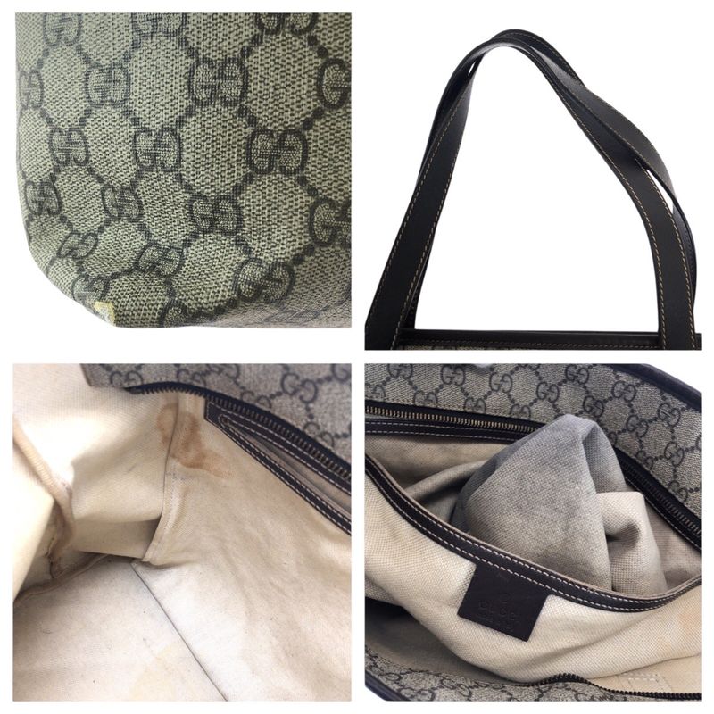 Gucci Beige Brown Gold GG Supreme Canvas Leather Tote