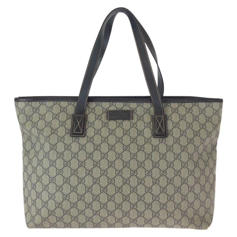 Gucci Beige Brown Gold GG Supreme Canvas Leather Tote