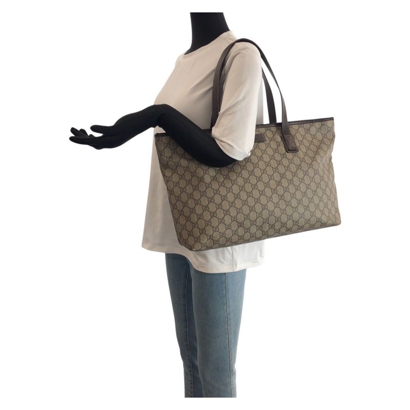 Gucci Beige Brown Gold GG Supreme Canvas Leather Tote
