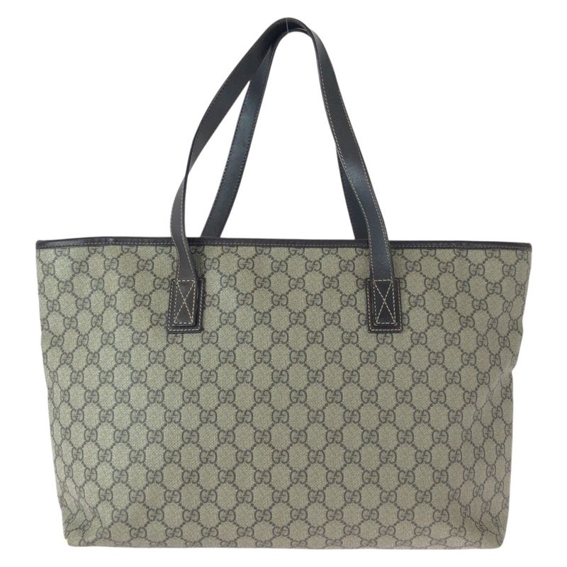 Gucci Beige Brown Gold GG Supreme Canvas Leather Tote