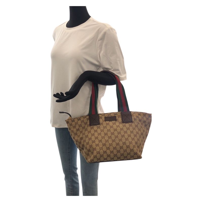 Gucci Sherry Leather Canvas Beige Brown Gunmetal