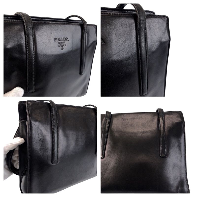 Prada Black Silver Leather Shoulder Bag Tote