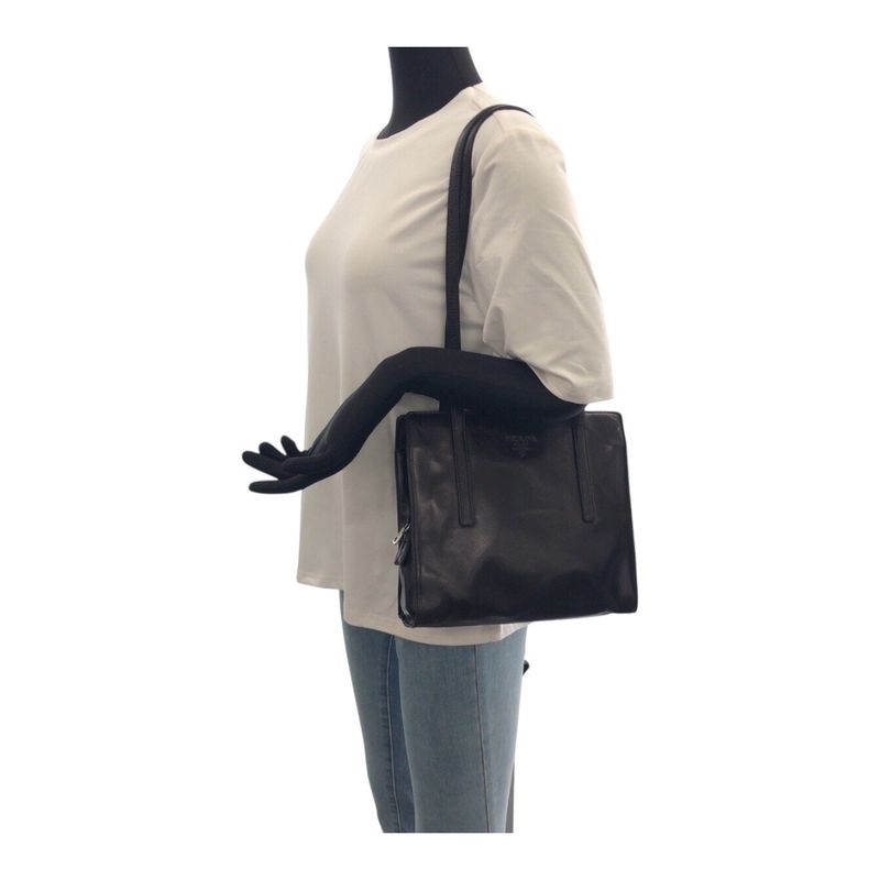 Prada Black Silver Leather Shoulder Bag Tote
