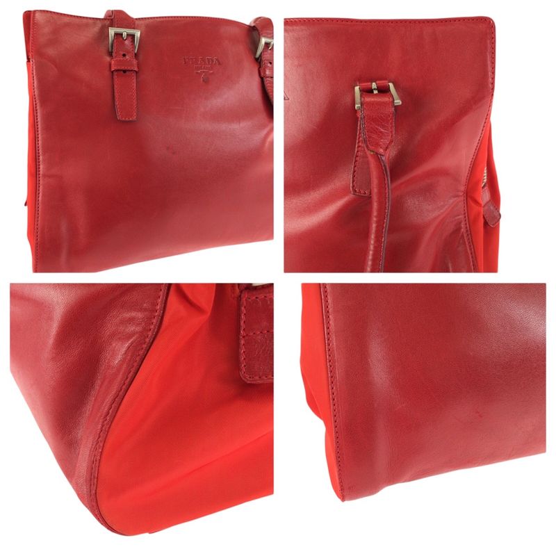 Prada Tessuto Red Silver Leather Nylon Shoulder Bag Tote