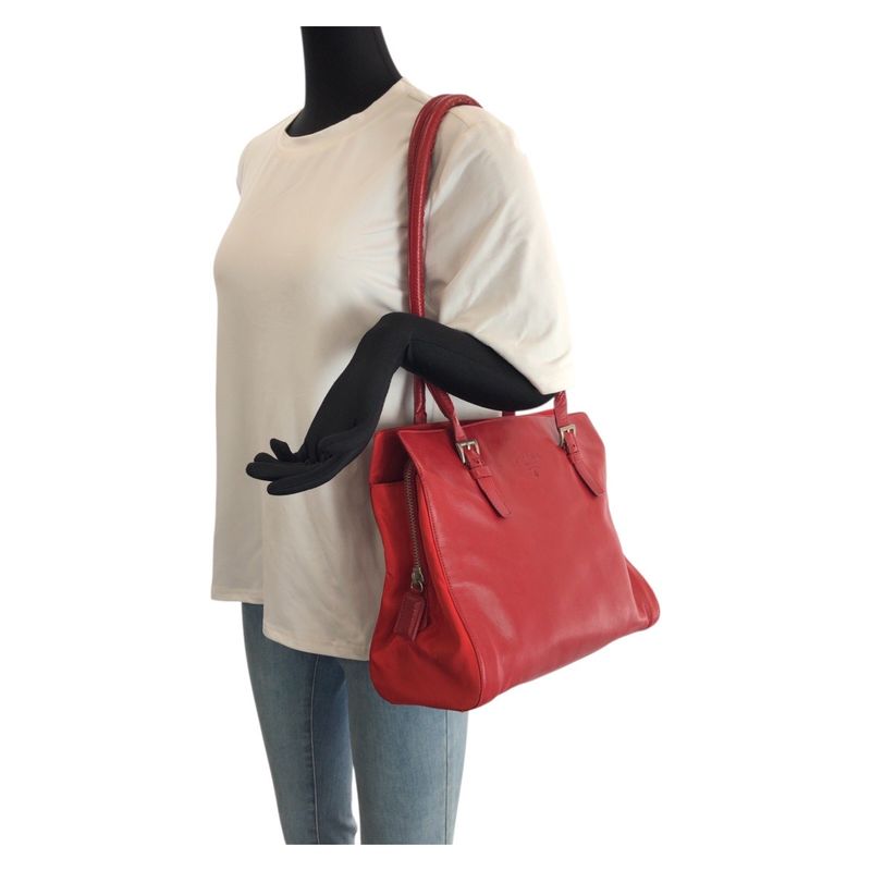 Prada Tessuto Red Silver Leather Nylon Shoulder Bag Tote