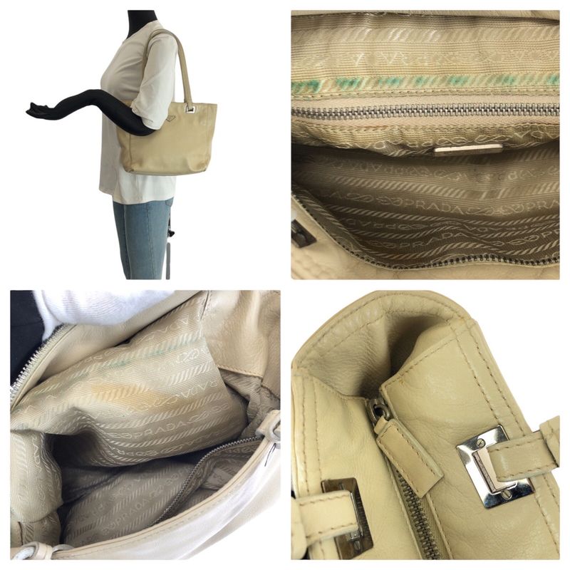 Prada Beige Silver Leather Tote Shoulder Bag