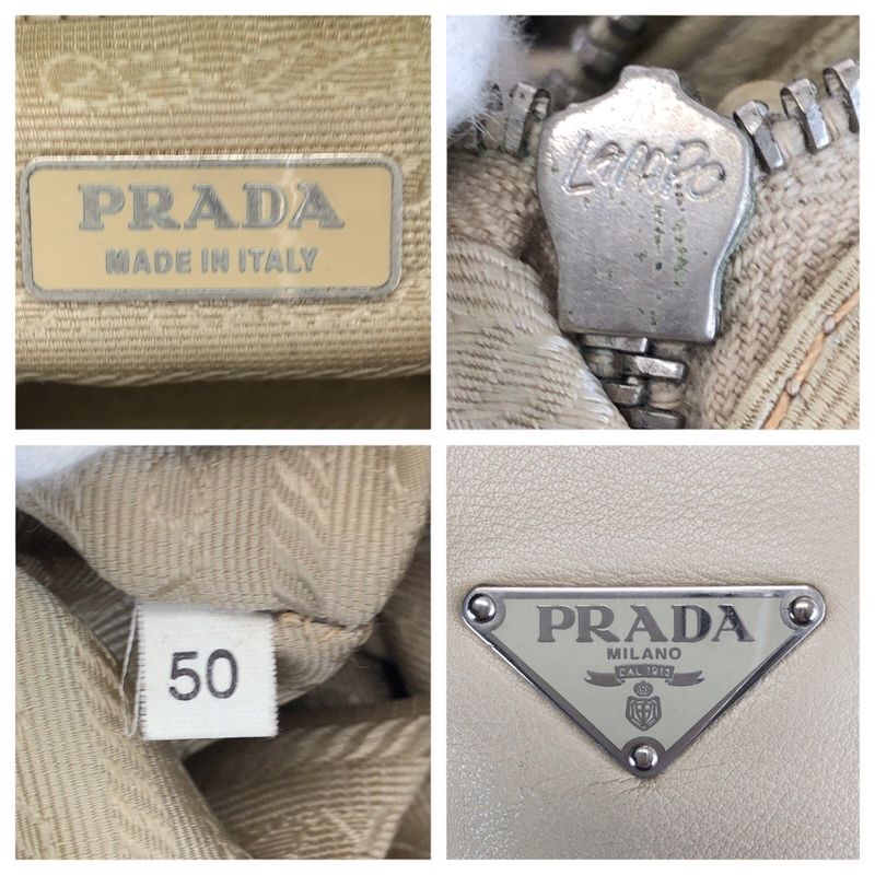 Prada Beige Silver Leather Tote Shoulder Bag