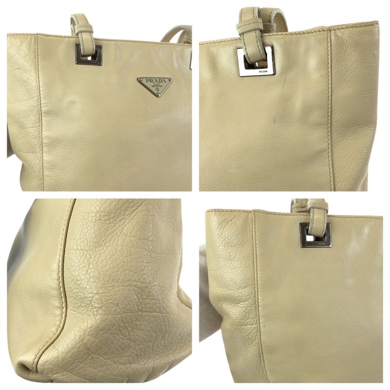 Prada Beige Silver Leather Tote Shoulder Bag