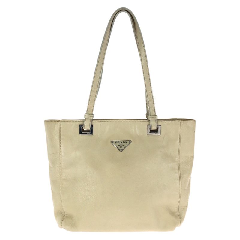 Prada Beige Silver Leather Tote Shoulder Bag