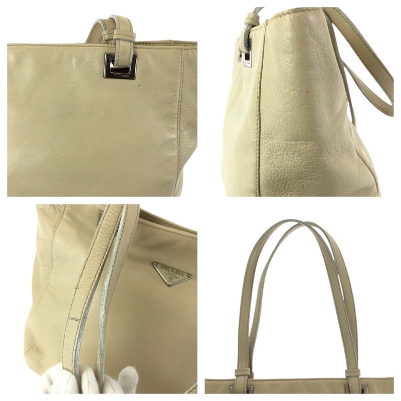 Prada Beige Silver Leather Tote Shoulder Bag