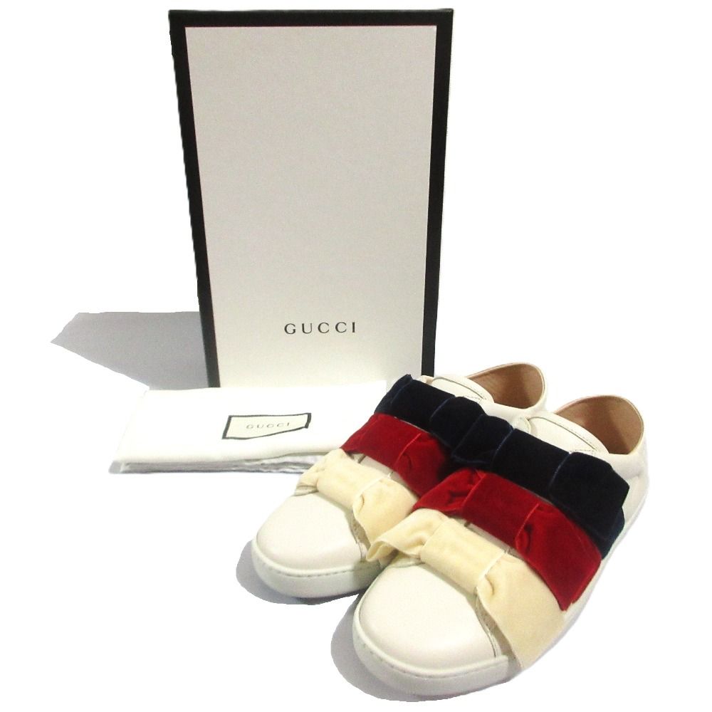 Gucci Ribbon Bee Low Cut Slip on Sneakers 36.5 White Red Navy — view 2