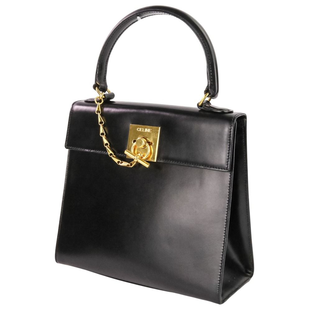 Celine Leather Chain Lock Handbag 2-Way Shoulder Black — view 2