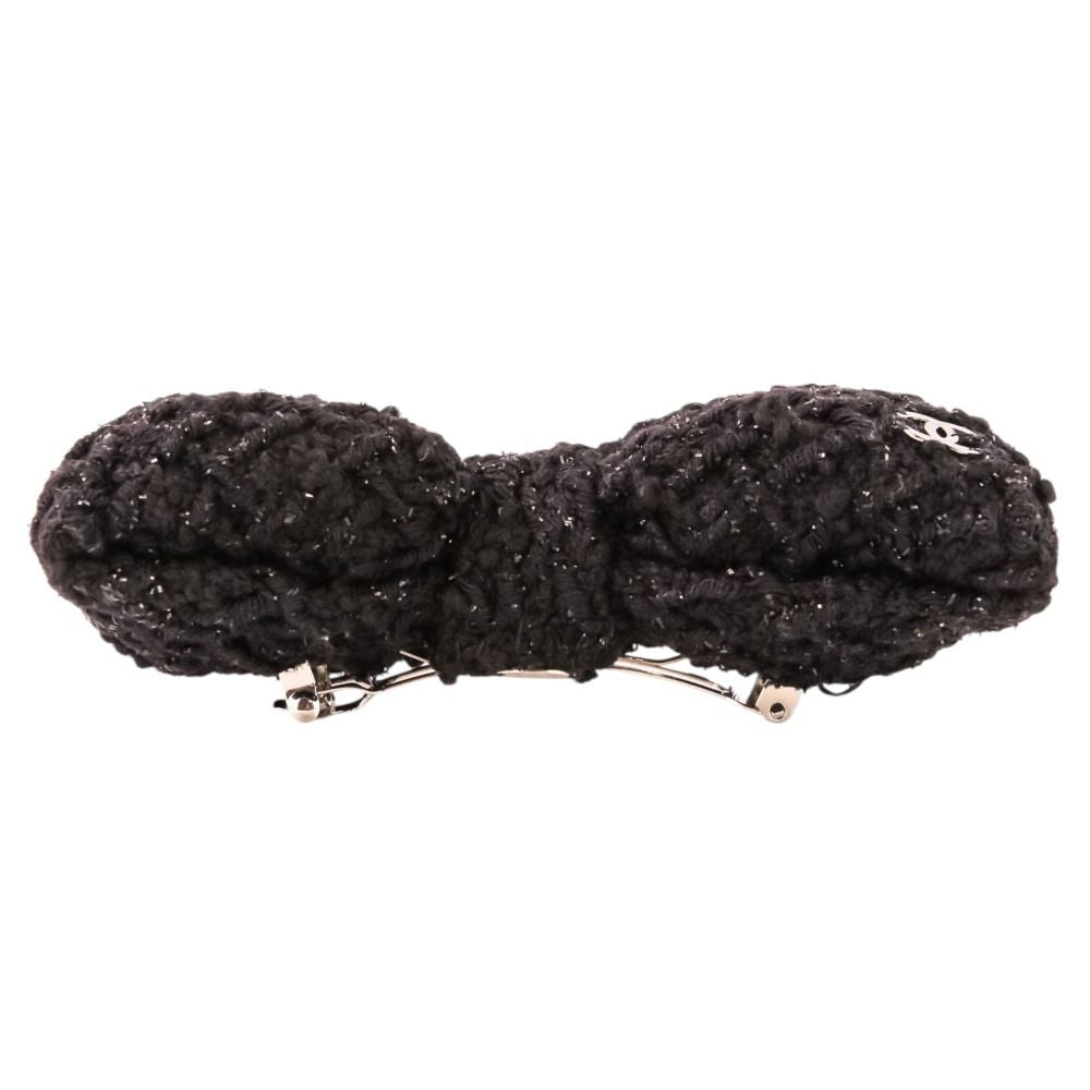 Chanel CC Logo Ribbon Tweed Barrette Black — view 8