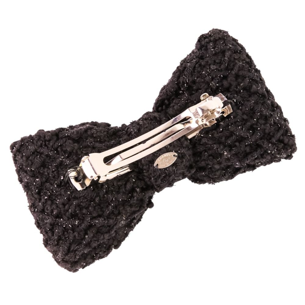 Chanel CC Logo Ribbon Tweed Barrette Black — view 2