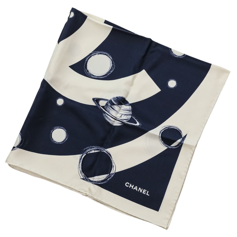 Chanel 17K CC Logo Planet Silk Scarf Ivory Navy — view 5