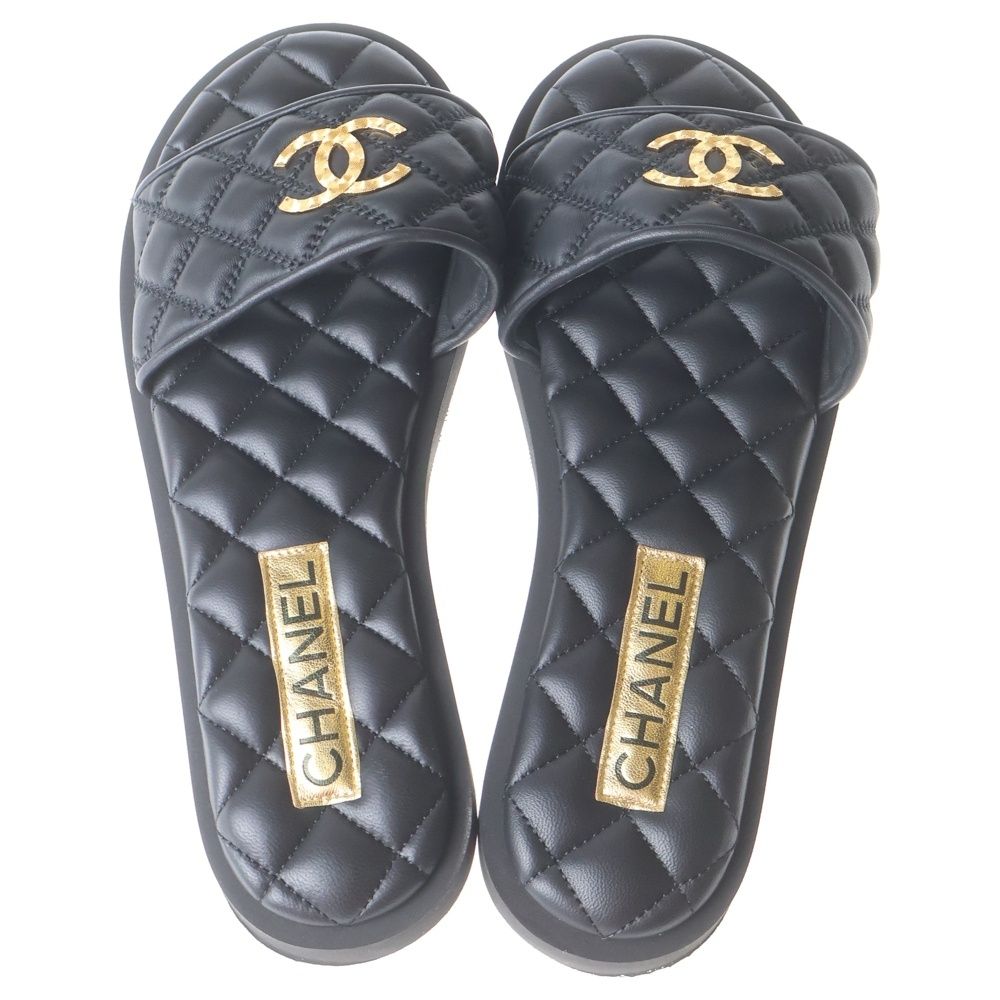Chanel Metiers D'art Collection Lambskin CC Logo Flat Sandals Black — view 4