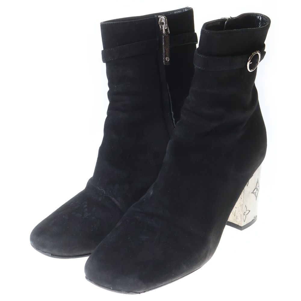 Louis Vuitton Monogram Metal Heel Side Zip Suede Leather Ankle Boots Black — view 2