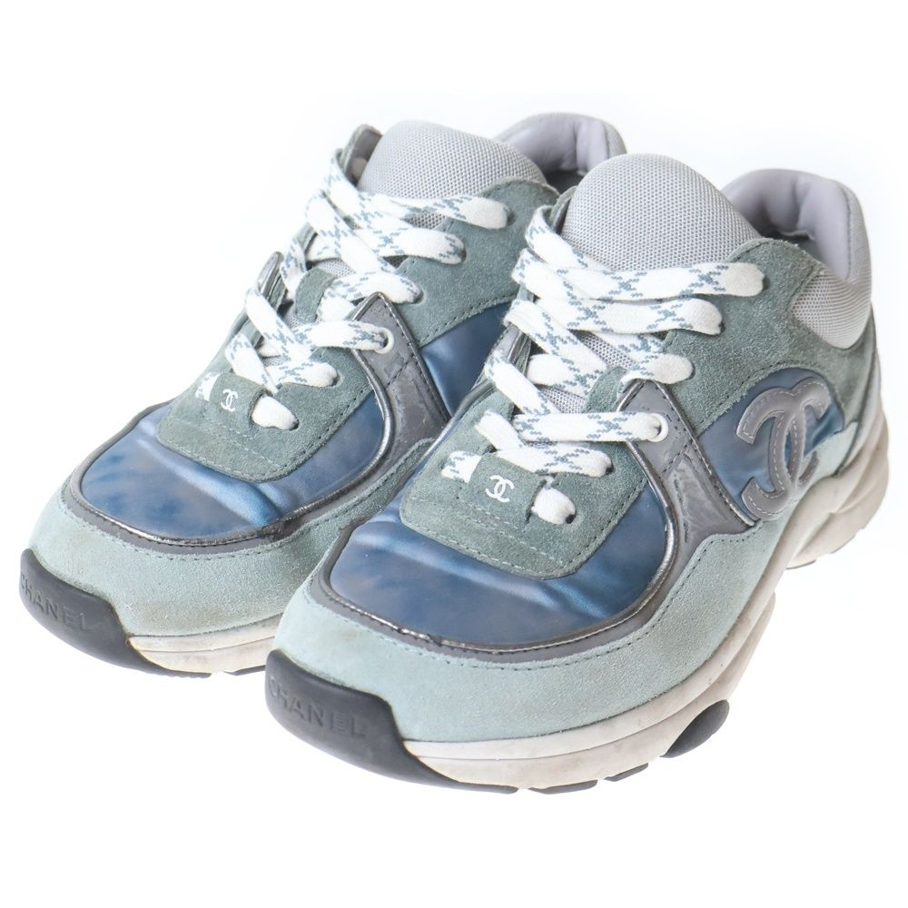Chanel CC Logo Suede Leather Low Cut Sneakers Gray Blue Grey-blue — view 2