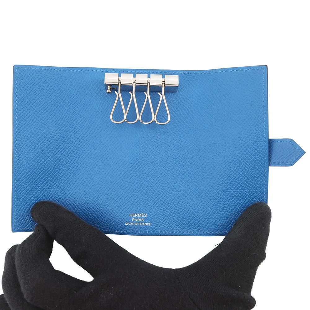 Hermes 4 Key Case Bearn Blue Elige Silver Epsom Holder Zelige — view 4