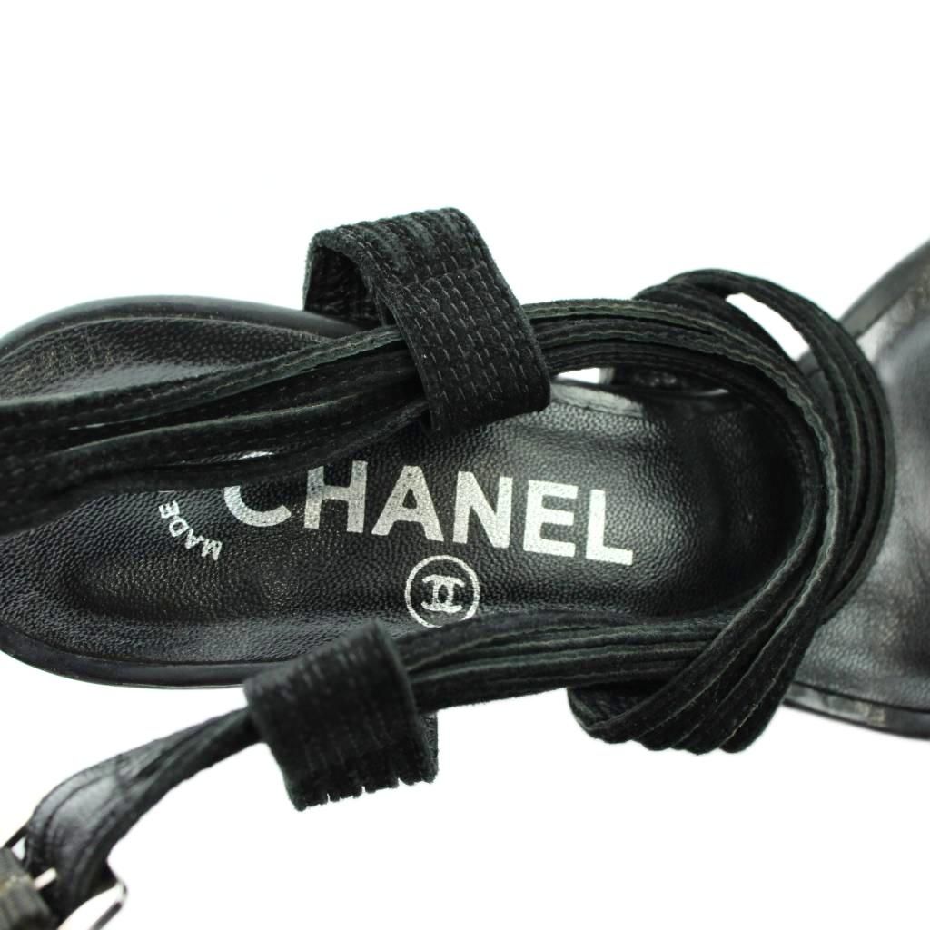 Chanel Sandals Wedge Sole Leather Ankle Strap Logo 38.5 Black — view 7