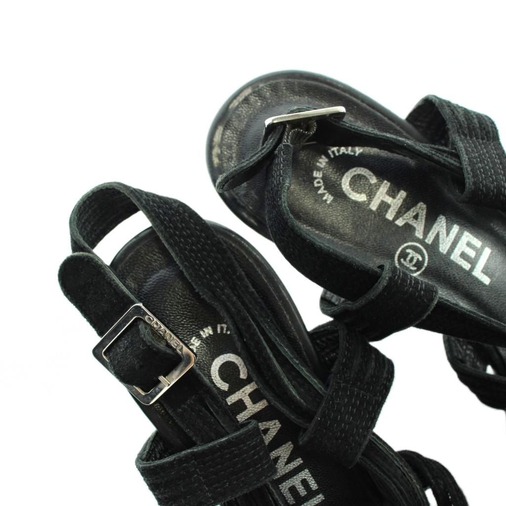 Chanel Sandals Wedge Sole Leather Ankle Strap Logo 38.5 Black — view 4