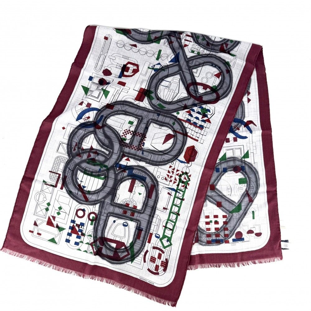 Hermes Scarf Rectangular Prime Shawl Cashmere Silk Gray Red Black — view 3