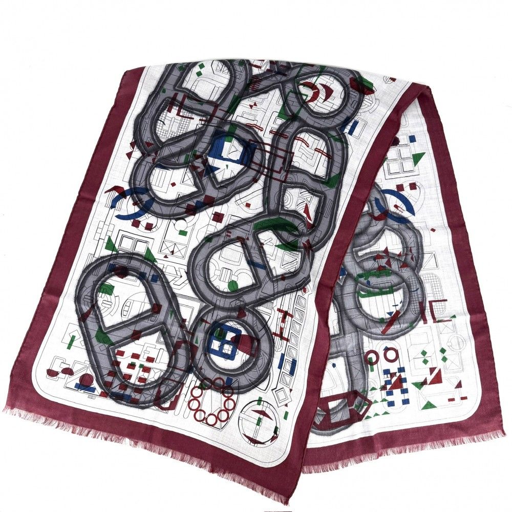 Hermes Scarf Rectangular Prime Shawl Cashmere Silk Gray Red Black — view 2